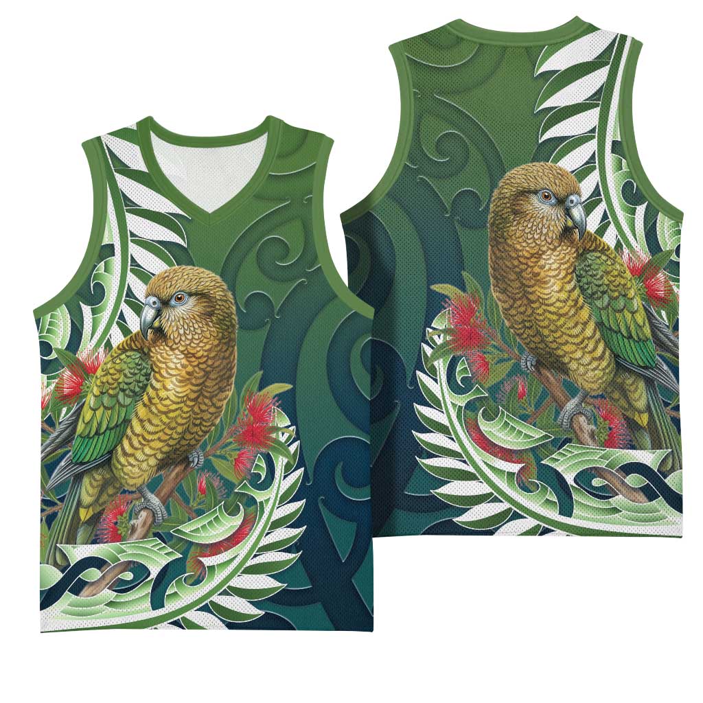 New Zealand Kea Bird Basketball Jersey With Maori Koru Fern - Polynesian Pride