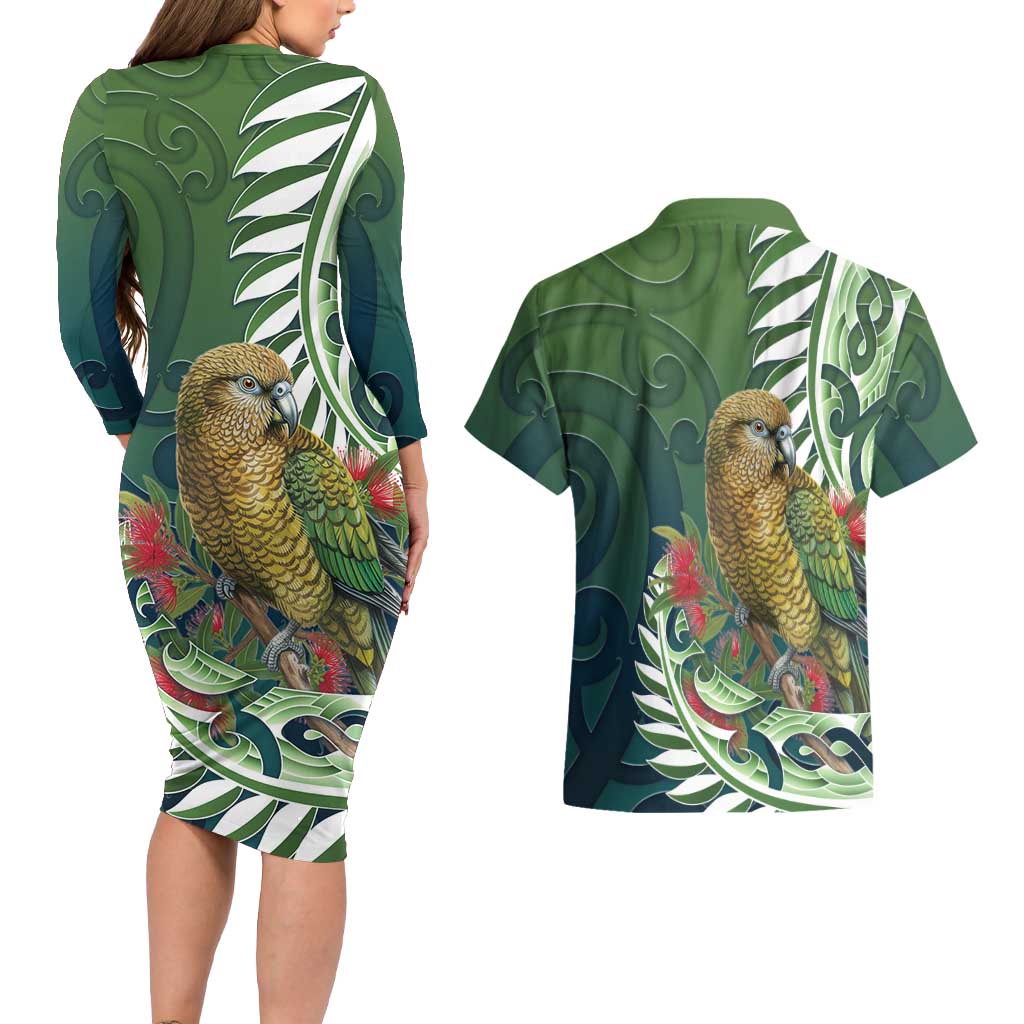 New Zealand Kea Bird Couples Matching Long Sleeve Bodycon Dress and Hawaiian Shirt With Maori Koru Fern LT05 - Polynesian Pride