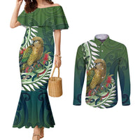 New Zealand Kea Bird Couples Matching Mermaid Dress and Long Sleeve Button Shirt With Maori Koru Fern LT05 Green - Polynesian Pride