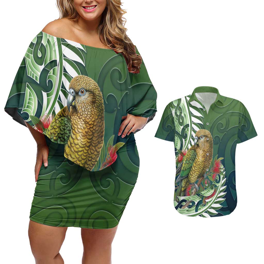 New Zealand Kea Bird Couples Matching Off Shoulder Short Dress and Hawaiian Shirt With Maori Koru Fern - Polynesian Pride