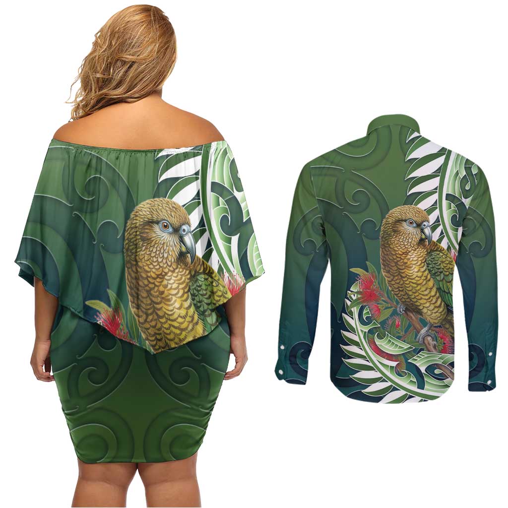 New Zealand Kea Bird Couples Matching Off Shoulder Short Dress and Long Sleeve Button Shirt With Maori Koru Fern LT05 - Polynesian Pride