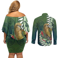 New Zealand Kea Bird Couples Matching Off Shoulder Short Dress and Long Sleeve Button Shirt With Maori Koru Fern LT05 - Polynesian Pride