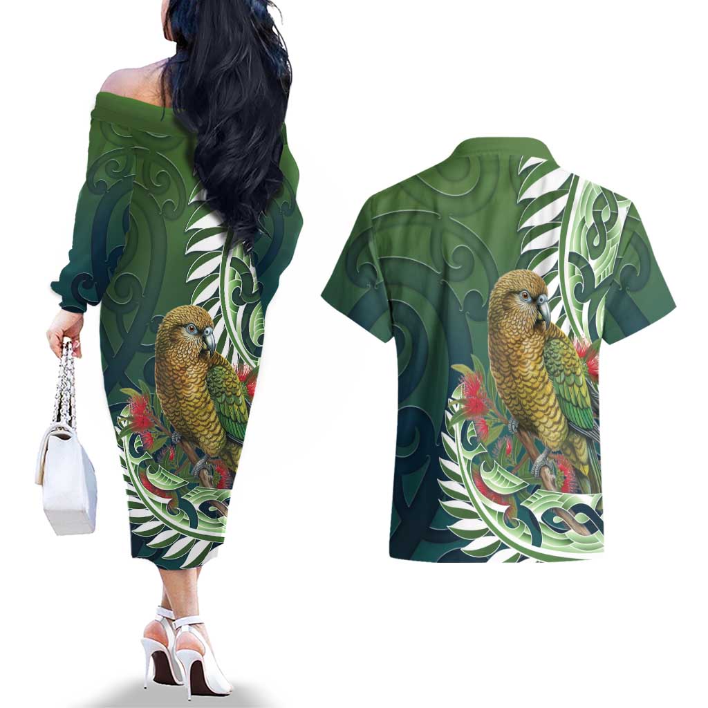 New Zealand Kea Bird Couples Matching Off The Shoulder Long Sleeve Dress and Hawaiian Shirt With Maori Koru Fern LT05 - Polynesian Pride