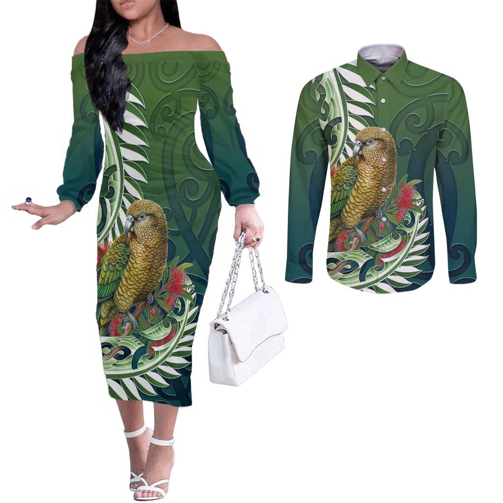 New Zealand Kea Bird Couples Matching Off The Shoulder Long Sleeve Dress and Long Sleeve Button Shirt With Maori Koru Fern - Polynesian Pride