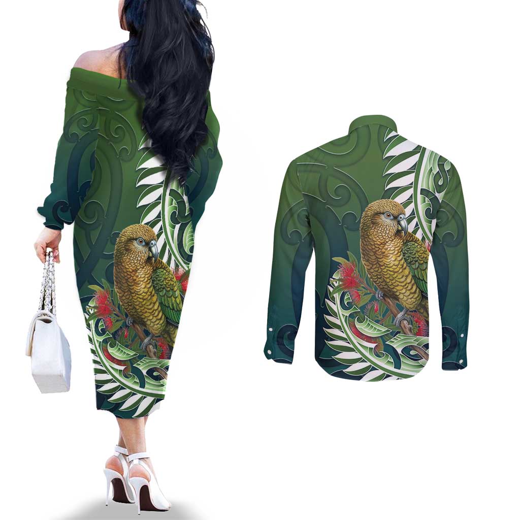 New Zealand Kea Bird Couples Matching Off The Shoulder Long Sleeve Dress and Long Sleeve Button Shirt With Maori Koru Fern LT05 - Polynesian Pride