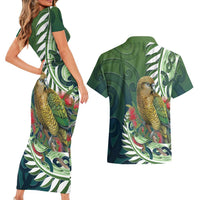 New Zealand Kea Bird Couples Matching Short Sleeve Bodycon Dress and Hawaiian Shirt With Maori Koru Fern LT05 - Polynesian Pride