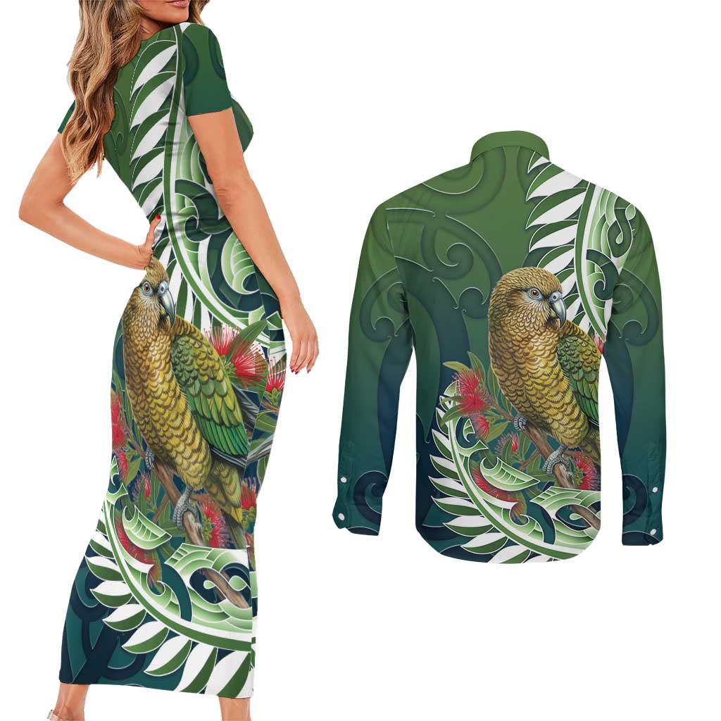 New Zealand Kea Bird Couples Matching Short Sleeve Bodycon Dress and Long Sleeve Button Shirt With Maori Koru Fern LT05 - Polynesian Pride