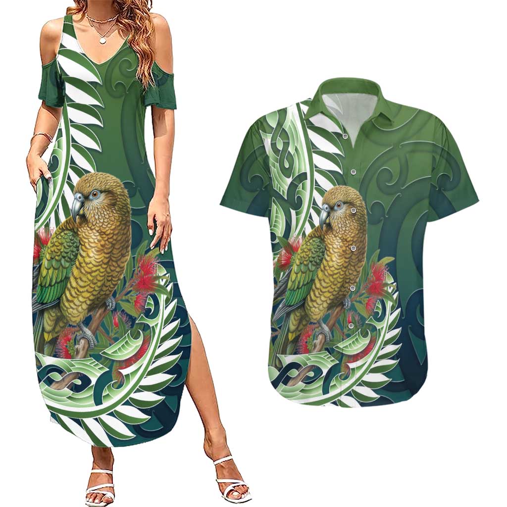 New Zealand Kea Bird Couples Matching Summer Maxi Dress and Hawaiian Shirt With Maori Koru Fern - Polynesian Pride