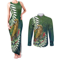 New Zealand Kea Bird Couples Matching Tank Maxi Dress and Long Sleeve Button Shirt With Maori Koru Fern LT05 Green - Polynesian Pride