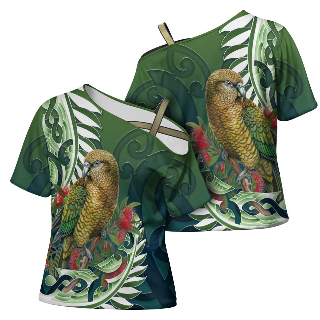 New Zealand Kea Bird Cross Shoulder Shirt With Maori Koru Fern - Polynesian Pride