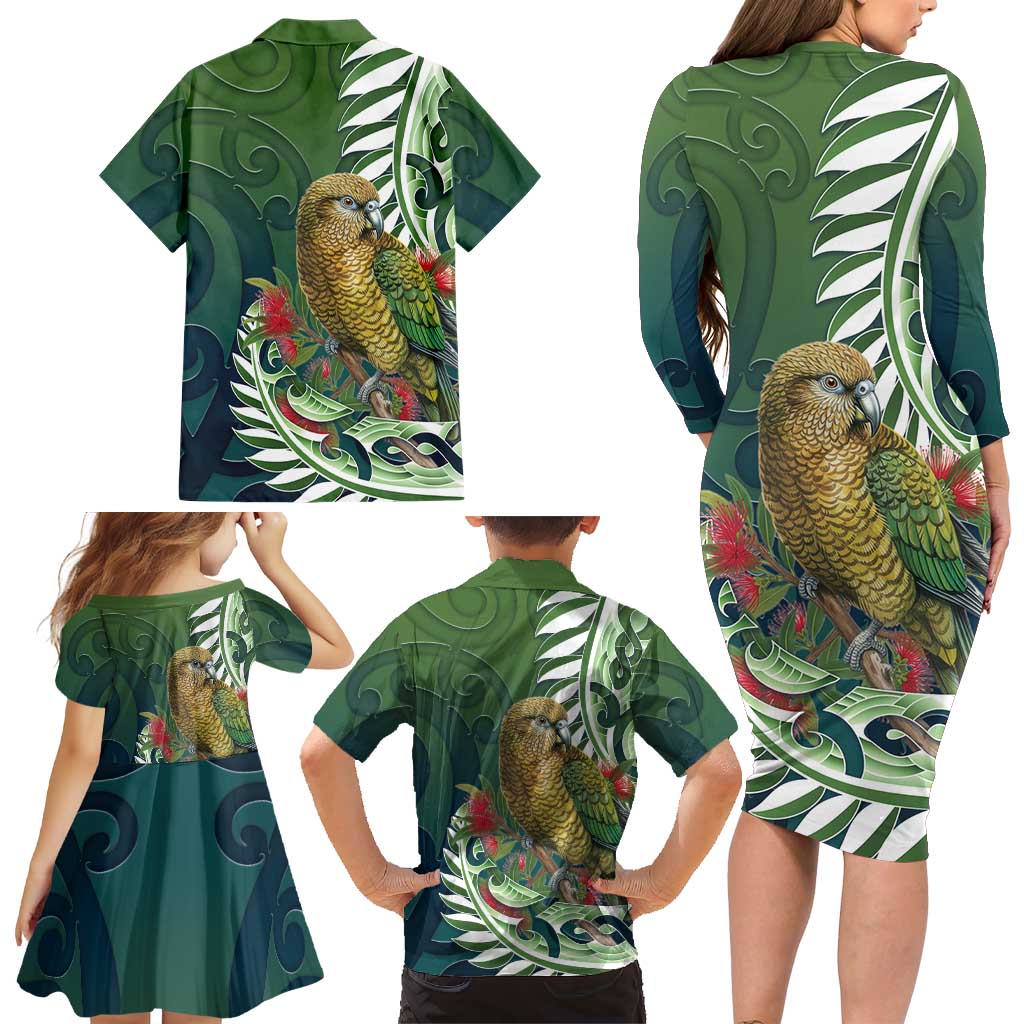 New Zealand Kea Bird Family Matching Long Sleeve Bodycon Dress and Hawaiian Shirt With Maori Koru Fern LT05 - Polynesian Pride