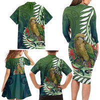 New Zealand Kea Bird Family Matching Long Sleeve Bodycon Dress and Hawaiian Shirt With Maori Koru Fern LT05 - Polynesian Pride
