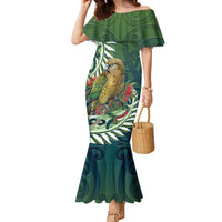 New Zealand Kea Bird Family Matching Mermaid Dress and Hawaiian Shirt With Maori Koru Fern LT05 Mom's Dress Green - Polynesian Pride