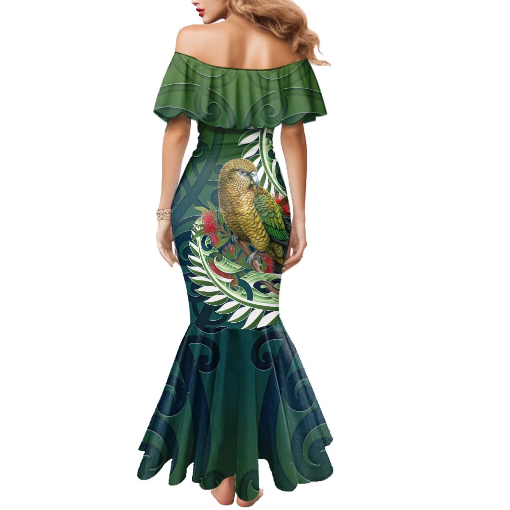 New Zealand Kea Bird Family Matching Mermaid Dress and Hawaiian Shirt With Maori Koru Fern LT05 - Polynesian Pride