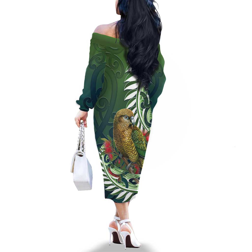 New Zealand Kea Bird Family Matching Off The Shoulder Long Sleeve Dress and Hawaiian Shirt With Maori Koru Fern LT05 - Polynesian Pride