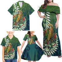 New Zealand Kea Bird Family Matching Off Shoulder Maxi Dress and Hawaiian Shirt With Maori Koru Fern LT05 - Polynesian Pride
