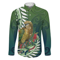 New Zealand Kea Bird Family Matching Off Shoulder Maxi Dress and Hawaiian Shirt With Maori Koru Fern LT05 Dad's Shirt - Long Sleeve Green - Polynesian Pride