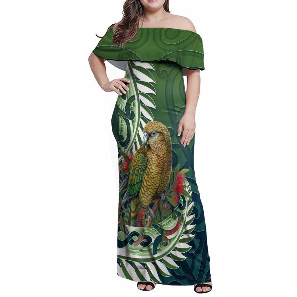 New Zealand Kea Bird Family Matching Off Shoulder Maxi Dress and Hawaiian Shirt With Maori Koru Fern LT05 Mom's Dress Green - Polynesian Pride