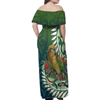 New Zealand Kea Bird Family Matching Off Shoulder Maxi Dress and Hawaiian Shirt With Maori Koru Fern LT05 - Polynesian Pride