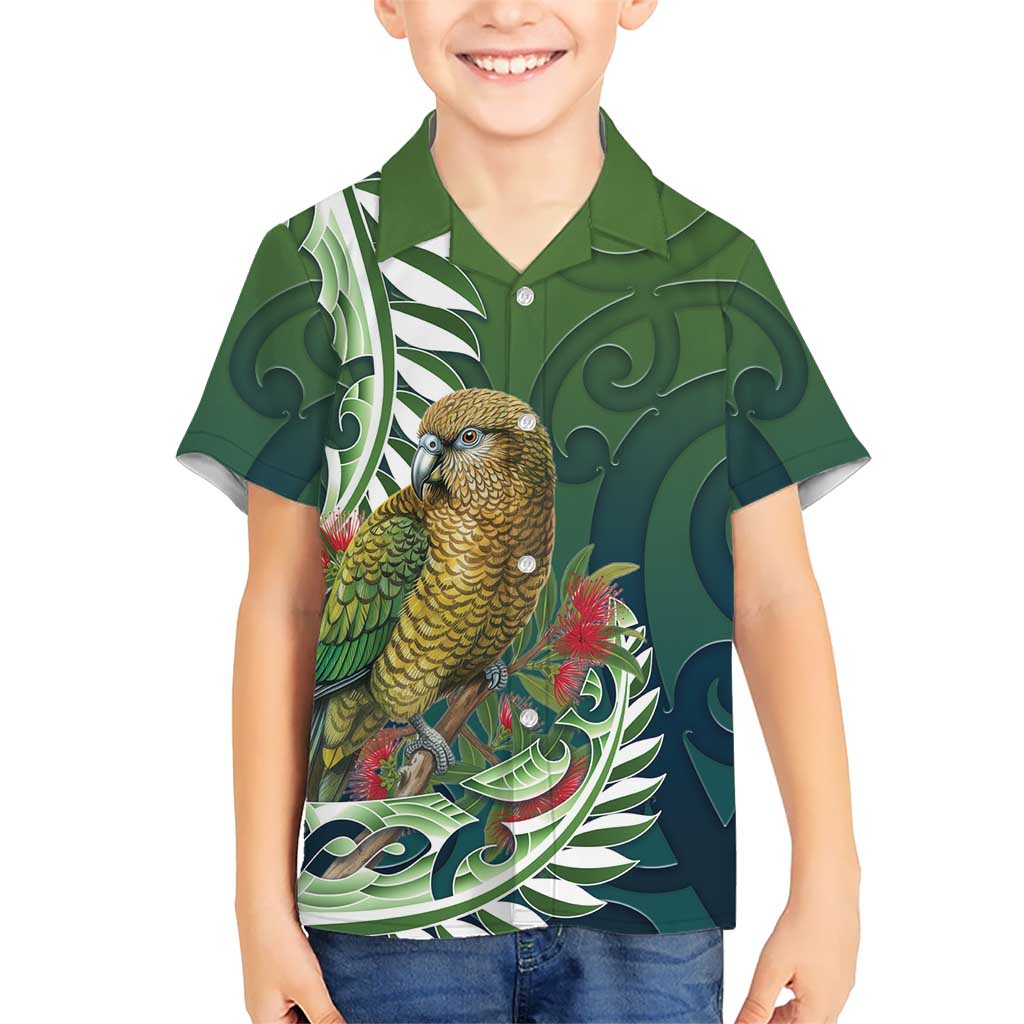 New Zealand Kea Bird Family Matching Off Shoulder Maxi Dress and Hawaiian Shirt With Maori Koru Fern LT05 Son's Shirt Green - Polynesian Pride