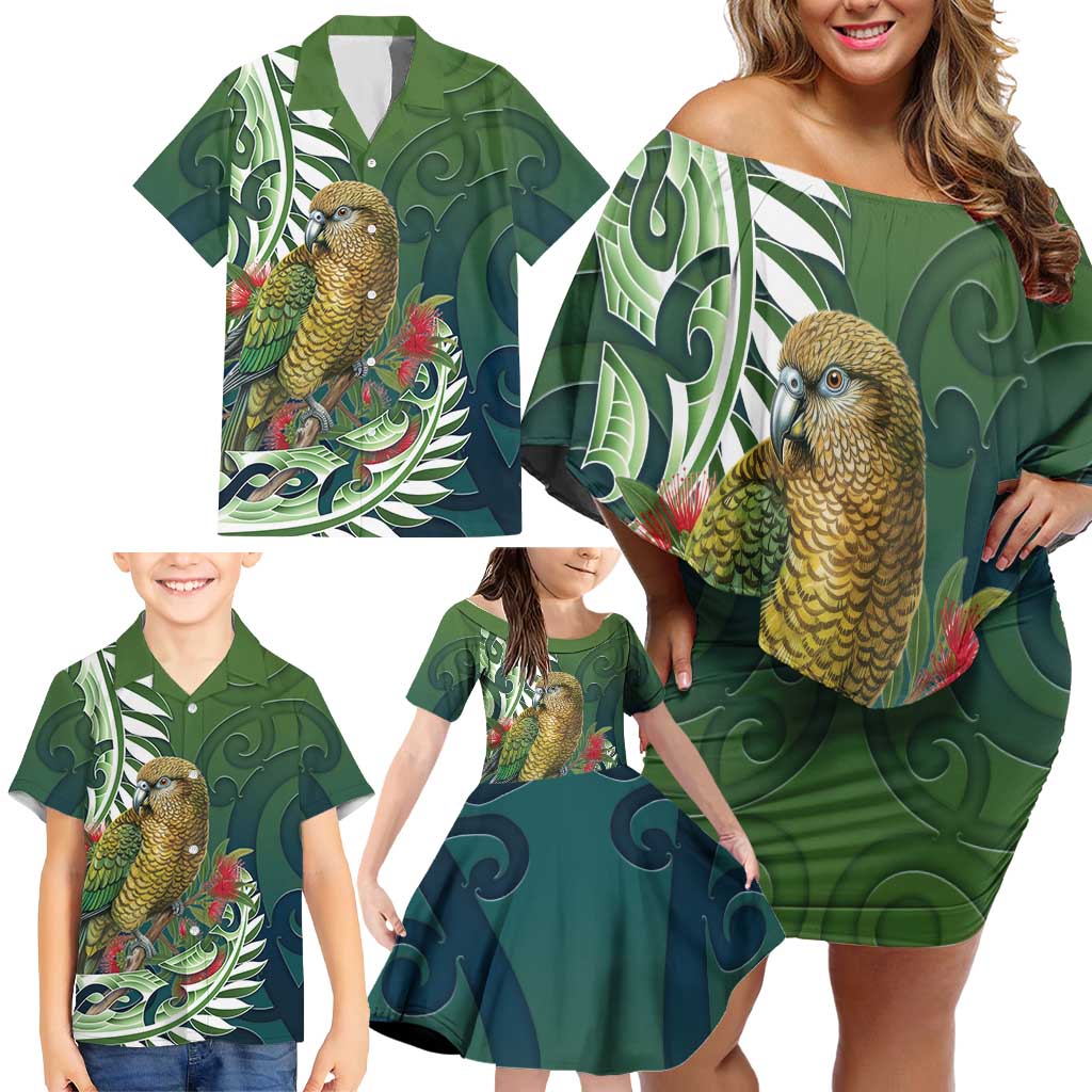 New Zealand Kea Bird Family Matching Off Shoulder Short Dress and Hawaiian Shirt With Maori Koru Fern - Polynesian Pride