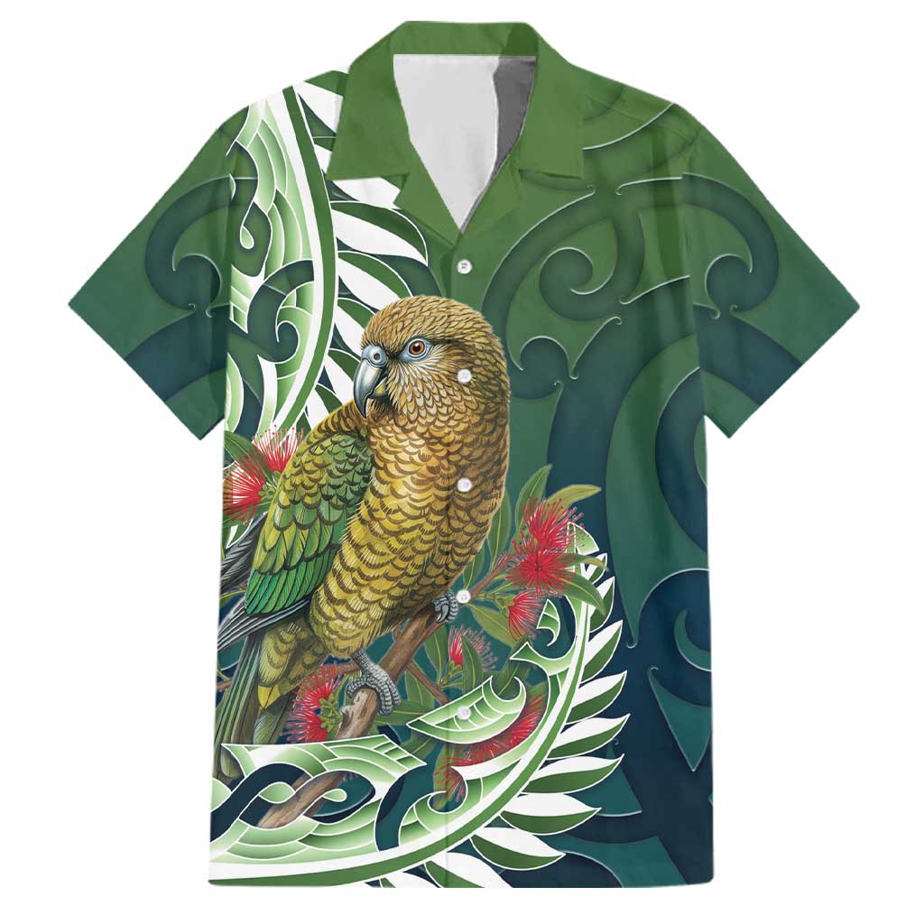 New Zealand Kea Bird Family Matching Puletasi and Hawaiian Shirt With Maori Koru Fern LT05 Dad's Shirt - Short Sleeve Green - Polynesian Pride