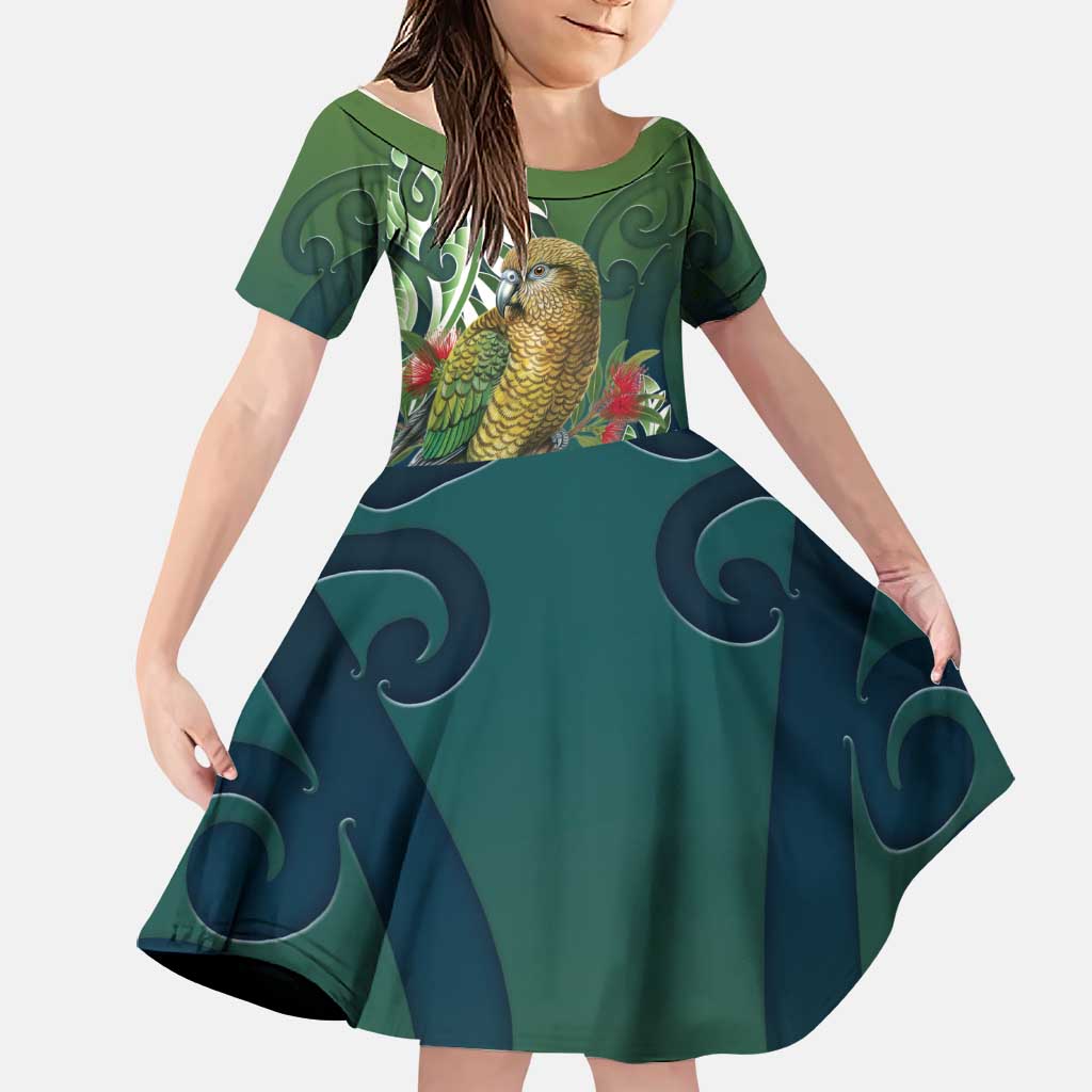 New Zealand Kea Bird Family Matching Short Sleeve Bodycon Dress and Hawaiian Shirt With Maori Koru Fern LT05 Daughter's Dress Green - Polynesian Pride
