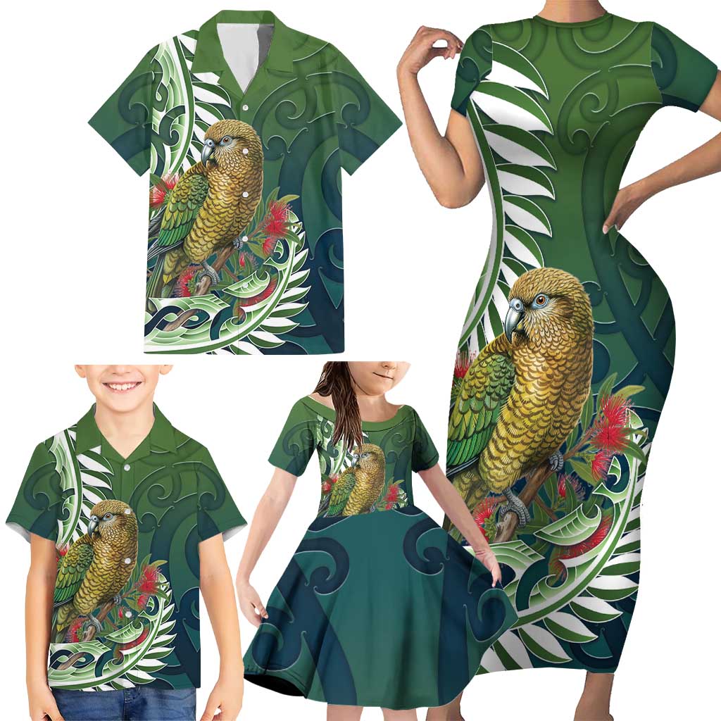 New Zealand Kea Bird Family Matching Short Sleeve Bodycon Dress and Hawaiian Shirt With Maori Koru Fern LT05 - Polynesian Pride