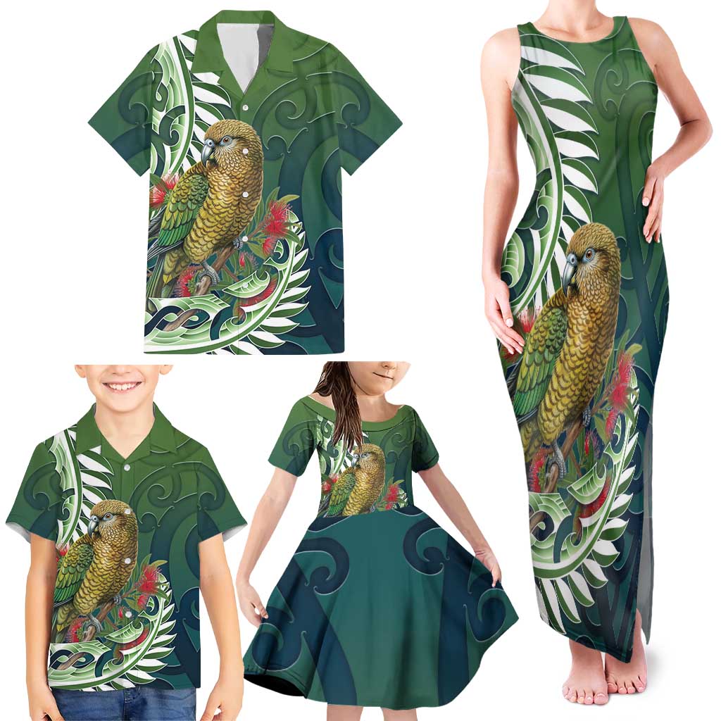 New Zealand Kea Bird Family Matching Tank Maxi Dress and Hawaiian Shirt With Maori Koru Fern LT05 - Polynesian Pride