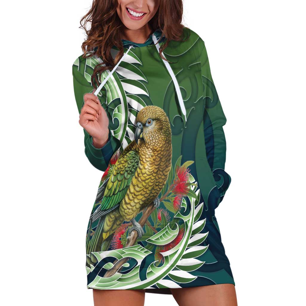 New Zealand Kea Bird Hoodie Dress With Maori Koru Fern - Polynesian Pride