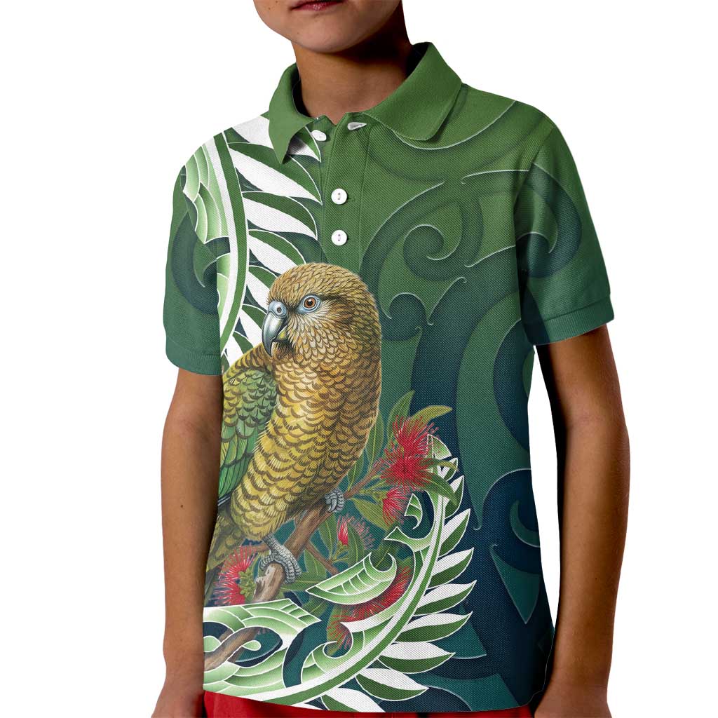 New Zealand Kea Bird Kid Polo Shirt With Maori Koru Fern - Polynesian Pride