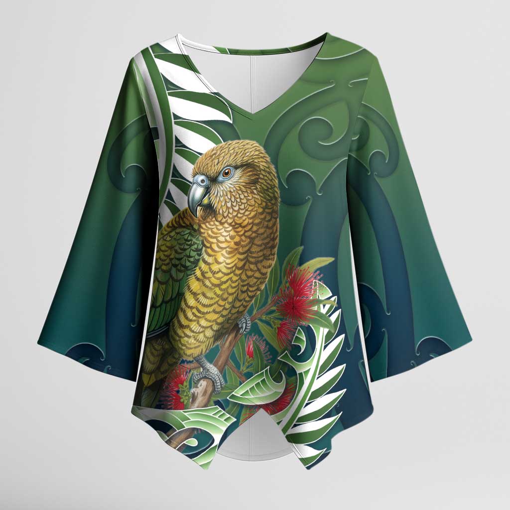 New Zealand Kea Bird Kimono Sleeve Blouse With Maori Koru Fern - Polynesian Pride