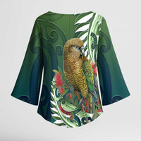 New Zealand Kea Bird Kimono Sleeve Blouse With Maori Koru Fern - Polynesian Pride