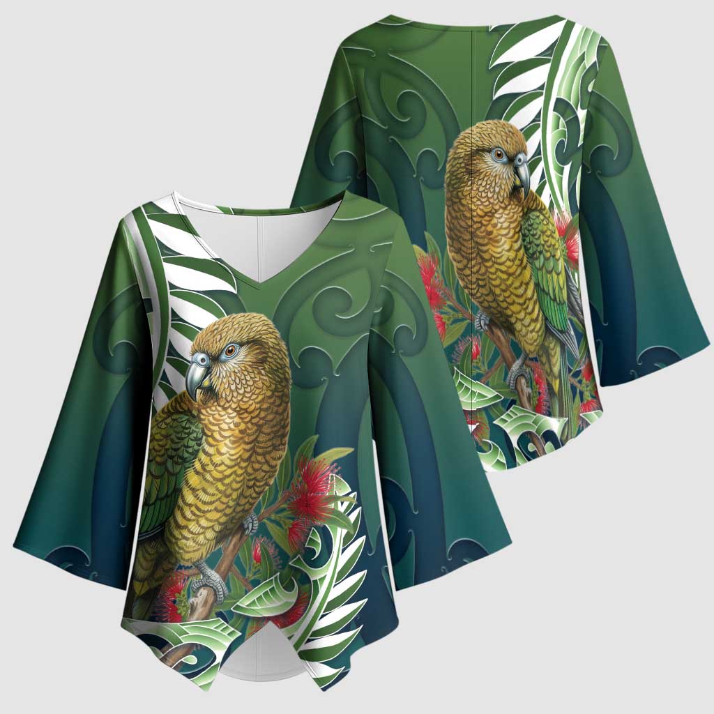 New Zealand Kea Bird Kimono Sleeve Blouse With Maori Koru Fern - Polynesian Pride