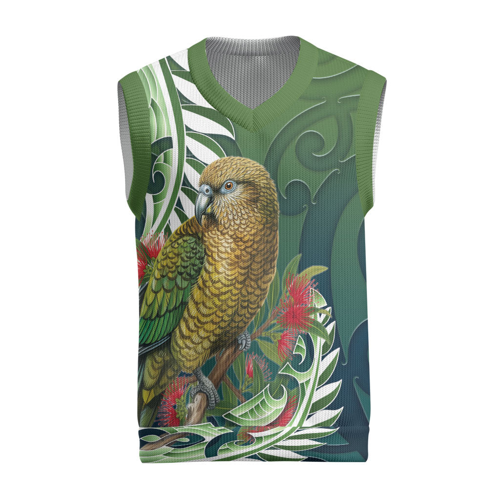 New Zealand Kea Bird Christmas Knitted V-Neck Vest With Maori Koru Fern LT05 Green - Polynesian Pride