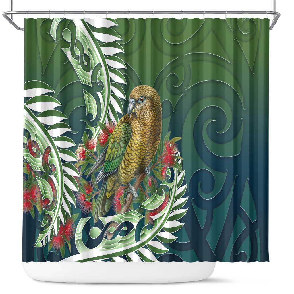 New Zealand Kea Bird Shower Curtain With Maori Koru Fern - Polynesian Pride