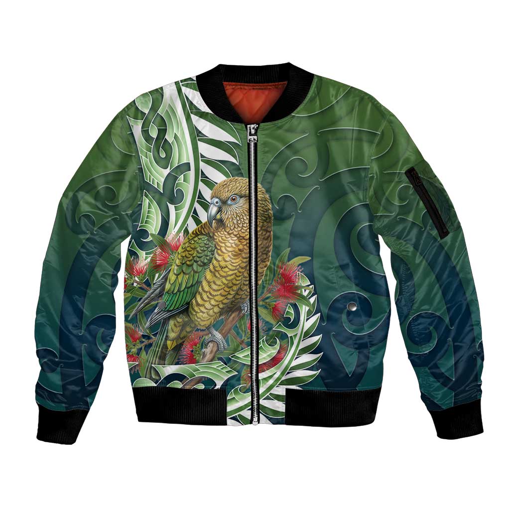 New Zealand Kea Bird Sleeve Zip Bomber Jacket With Maori Koru Fern - Polynesian Pride