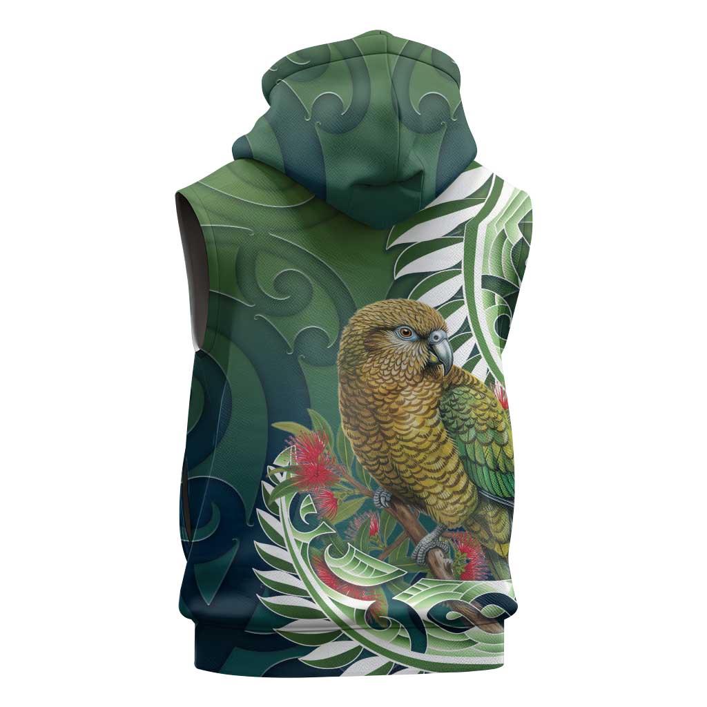 New Zealand Kea Bird Sleeveless Zip Hoodie With Maori Koru Fern - Polynesian Pride