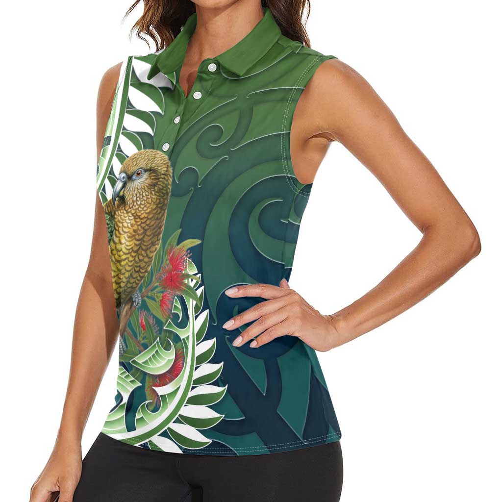 New Zealand Kea Bird Women Sleeveless Polo Shirt With Maori Koru Fern LT05 - Polynesian Pride