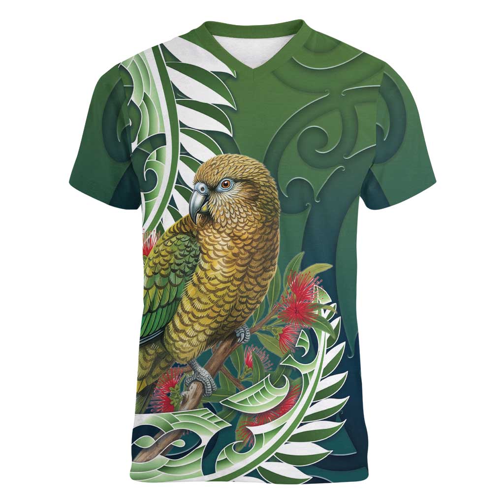New Zealand Kea Bird Women V-Neck T-Shirt With Maori Koru Fern - Polynesian Pride