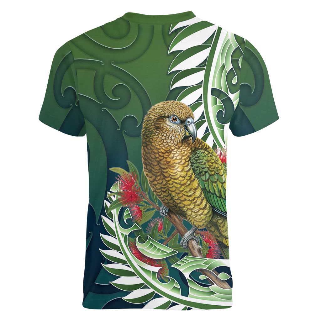 New Zealand Kea Bird Women V-Neck T-Shirt With Maori Koru Fern LT05 - Polynesian Pride