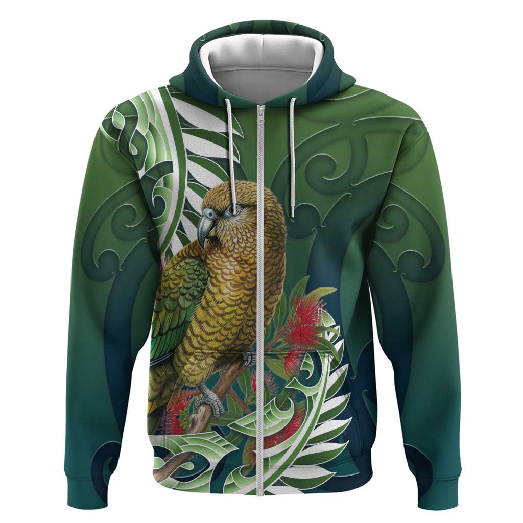New Zealand Kea Bird Zip Hoodie With Maori Koru Fern - Polynesian Pride