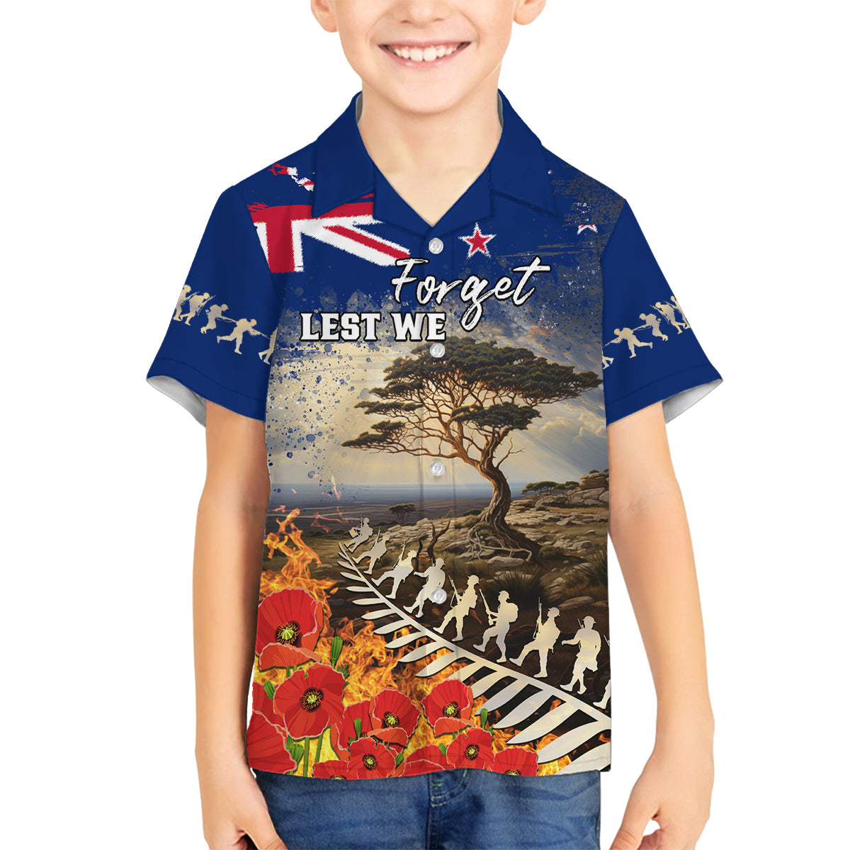 New Zealand ANZAC Day Family Matching Long Sleeve Bodycon Dress and Hawaiian Shirt The Lonesome Pine With Soldier Fern LT05 Son's Shirt Blue - Polynesian Pride