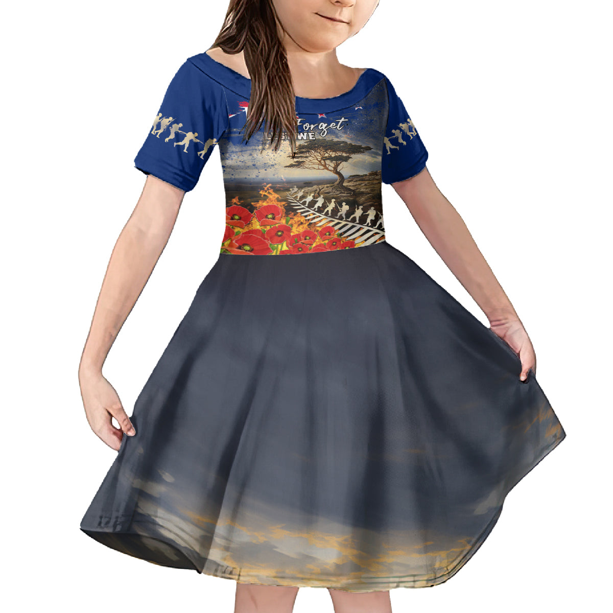 New Zealand ANZAC Day Family Matching Off Shoulder Maxi Dress and Hawaiian Shirt The Lonesome Pine With Soldier Fern LT05 Daughter's Dress Blue - Polynesian Pride