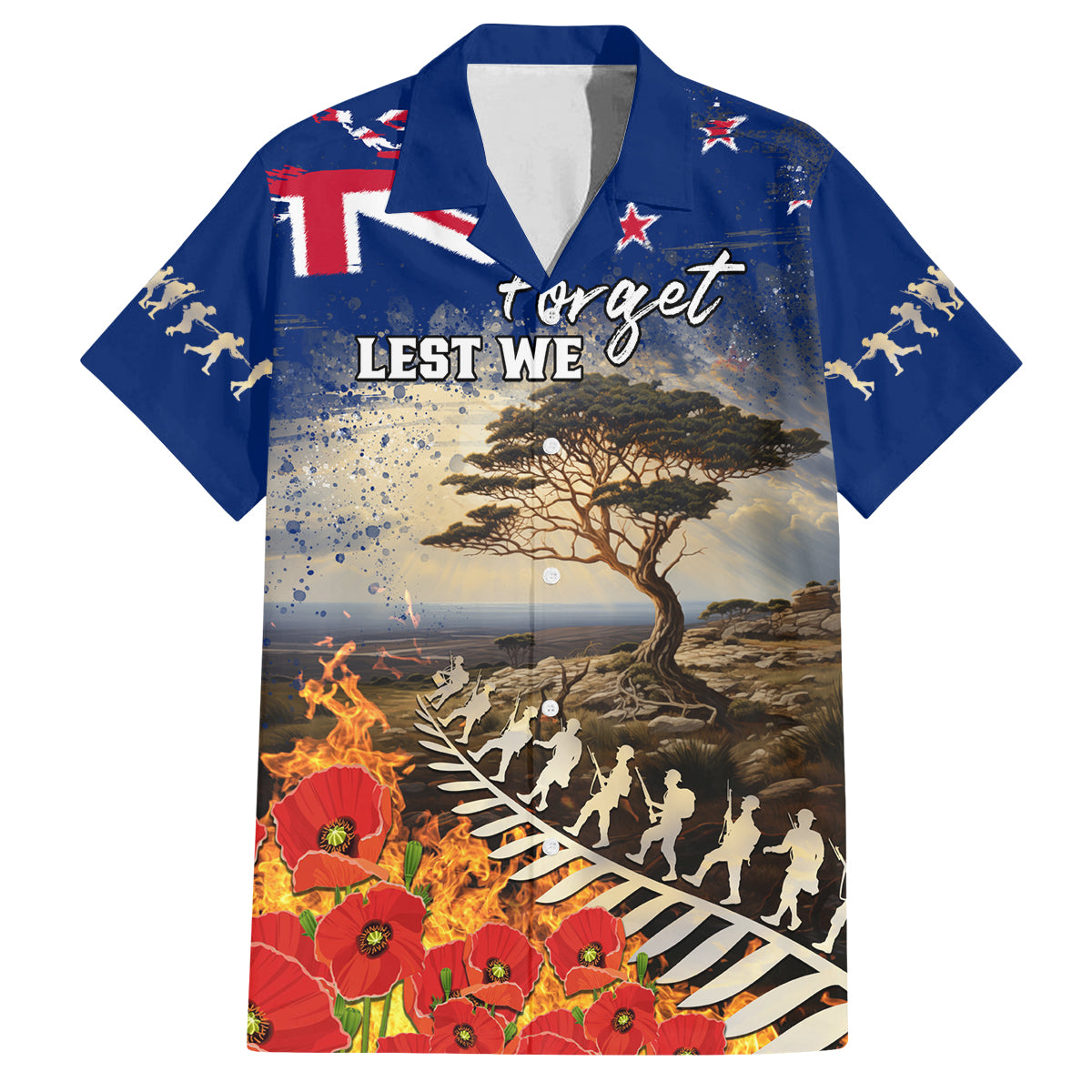 New Zealand ANZAC Day Family Matching Off Shoulder Maxi Dress and Hawaiian Shirt The Lonesome Pine With Soldier Fern LT05 Dad's Shirt - Short Sleeve Blue - Polynesian Pride