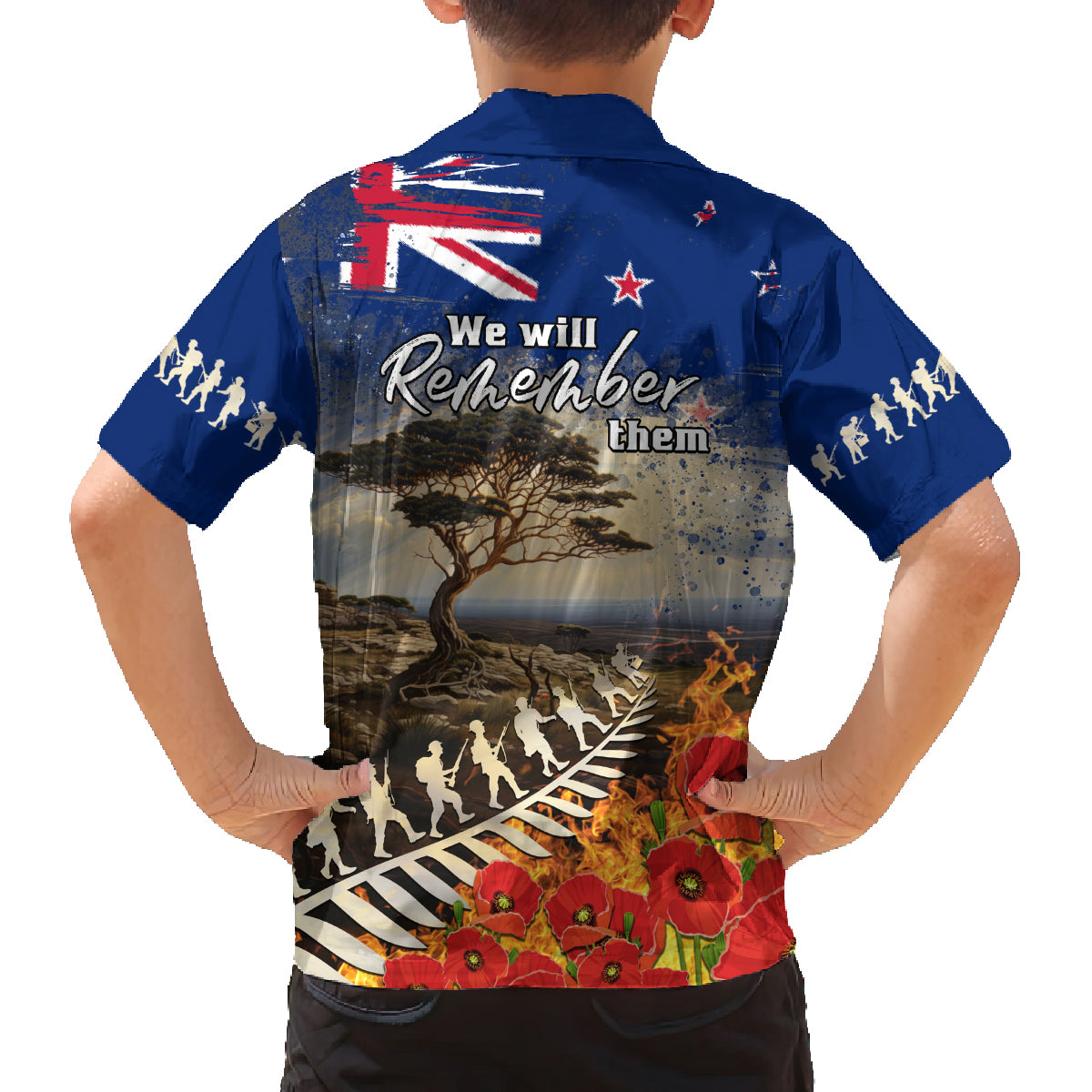 New Zealand ANZAC Day Family Matching Off Shoulder Short Dress and Hawaiian Shirt The Lonesome Pine With Soldier Fern LT05 - Polynesian Pride