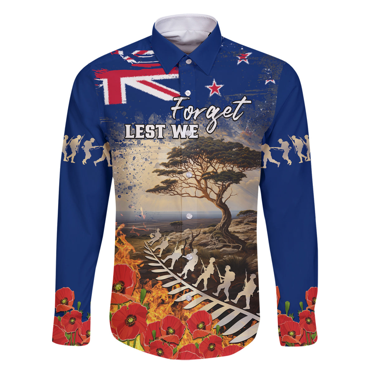 New Zealand ANZAC Day Family Matching Puletasi and Hawaiian Shirt The Lonesome Pine With Soldier Fern LT05 Dad's Shirt - Long Sleeve Blue - Polynesian Pride