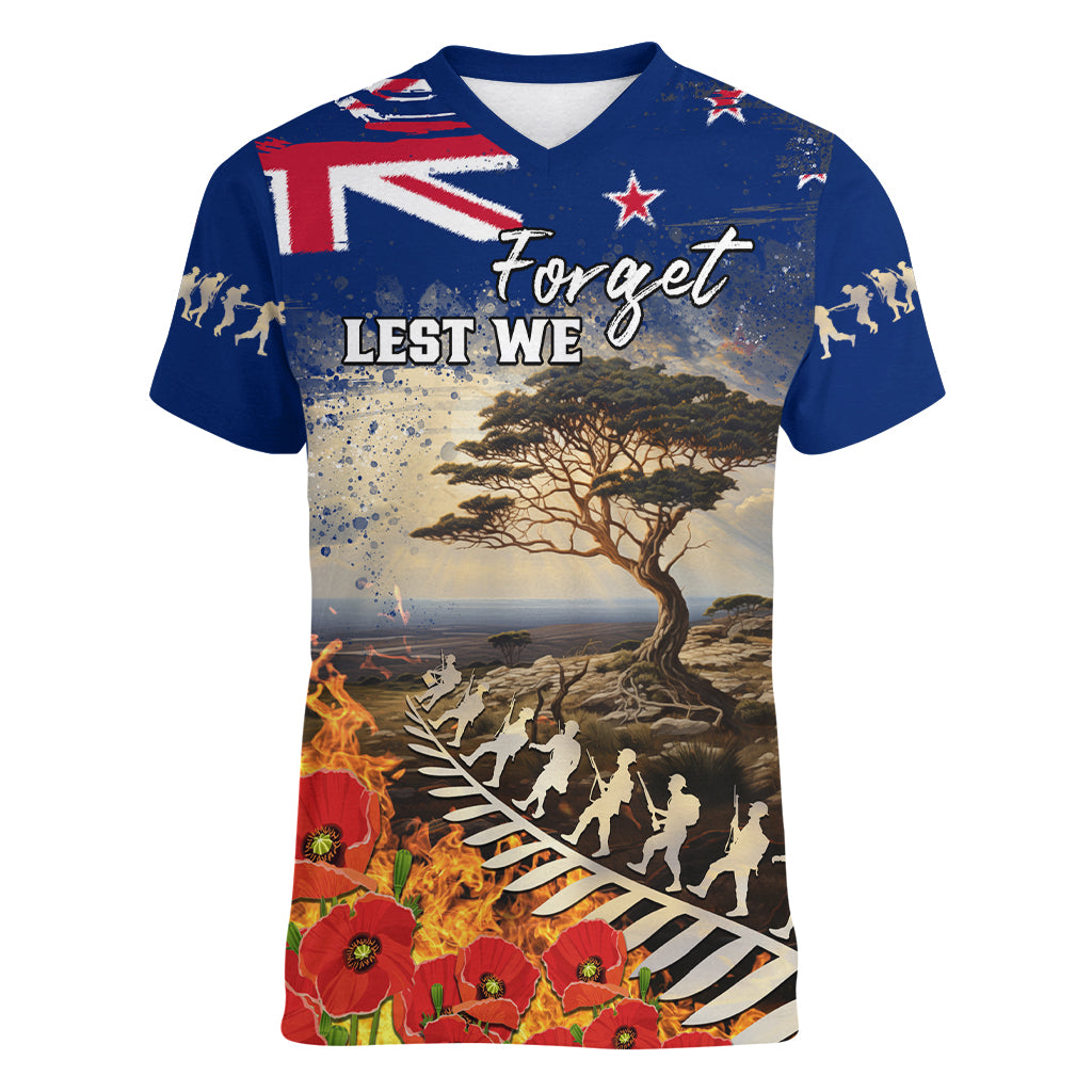 New Zealand ANZAC Day Women V Neck T Shirt The Lonesome Pine With Soldier Fern LT05 Female Blue - Polynesian Pride