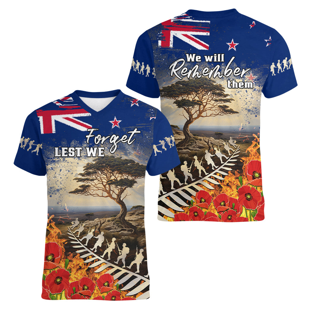 New Zealand ANZAC Day Women V Neck T Shirt The Lonesome Pine With Soldier Fern LT05 - Polynesian Pride
