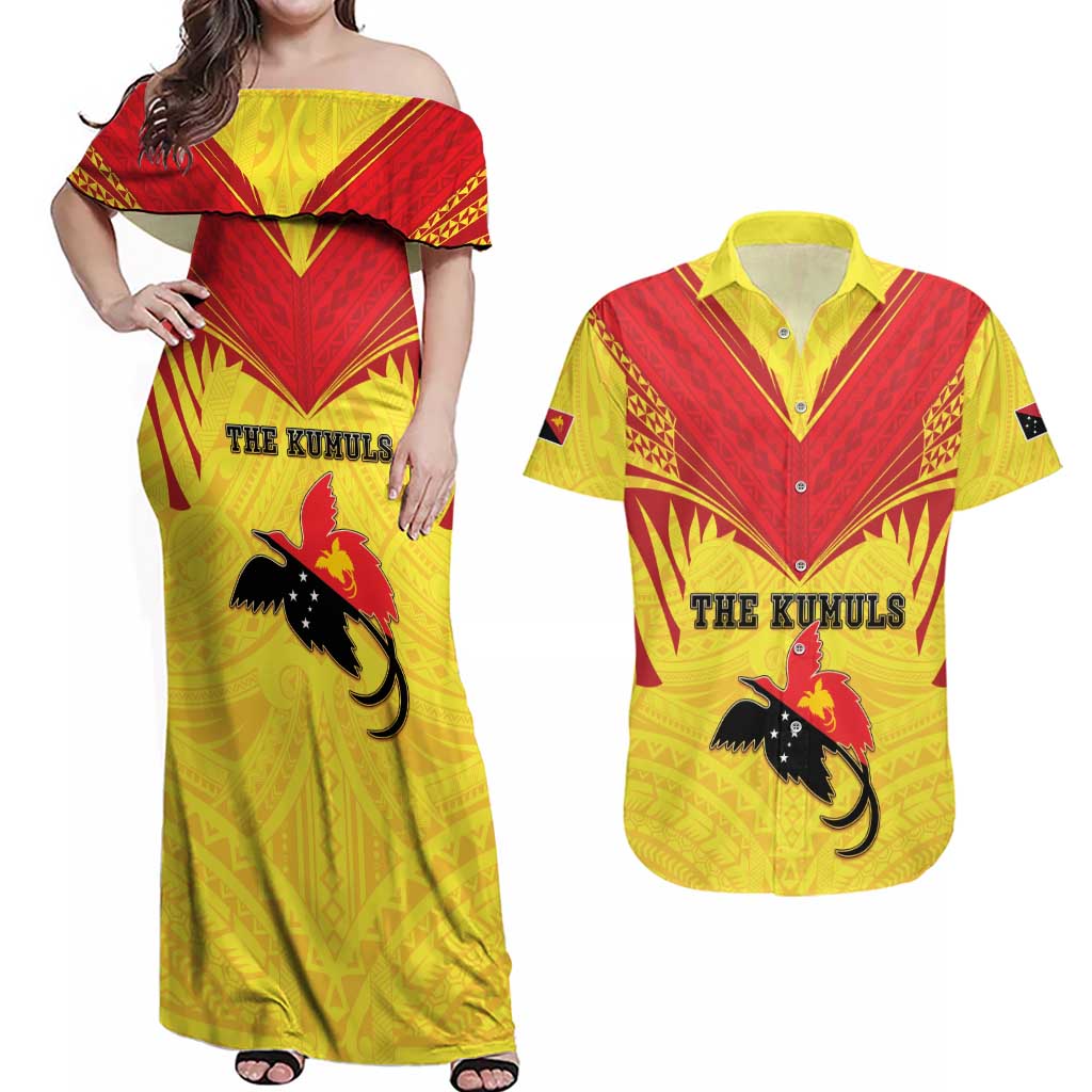 Papua New Guinea Rugby Custom Couples Matching Off Shoulder Maxi Dress and Hawaiian Shirt Kumuls Heritage LT05 Yellow - Polynesian Pride